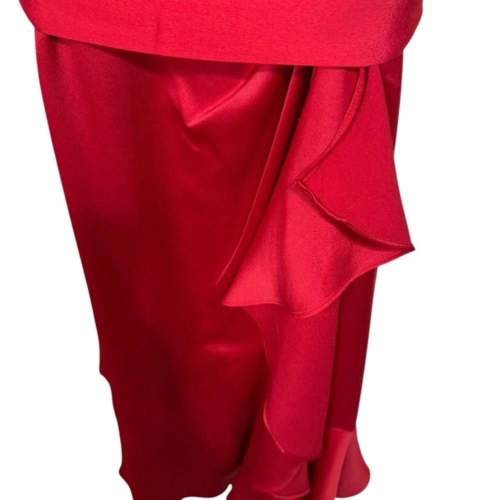 Women's V neck Ruffle Front Red Satin Crepe belted Gown 
Size 8 - Picture 11 of 11